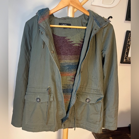 Coffee Shop New York Women’s Field Jacket Size Small Military Green Aztec Hooded - Picture 2 of 9